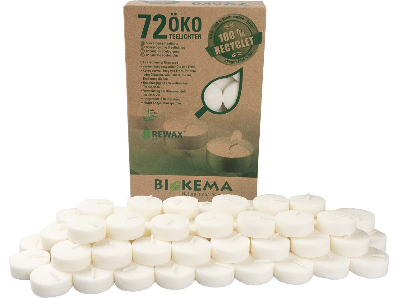 BIOKEMA Teelichter aus Biomasse, ohne Hülle 72 Stk.