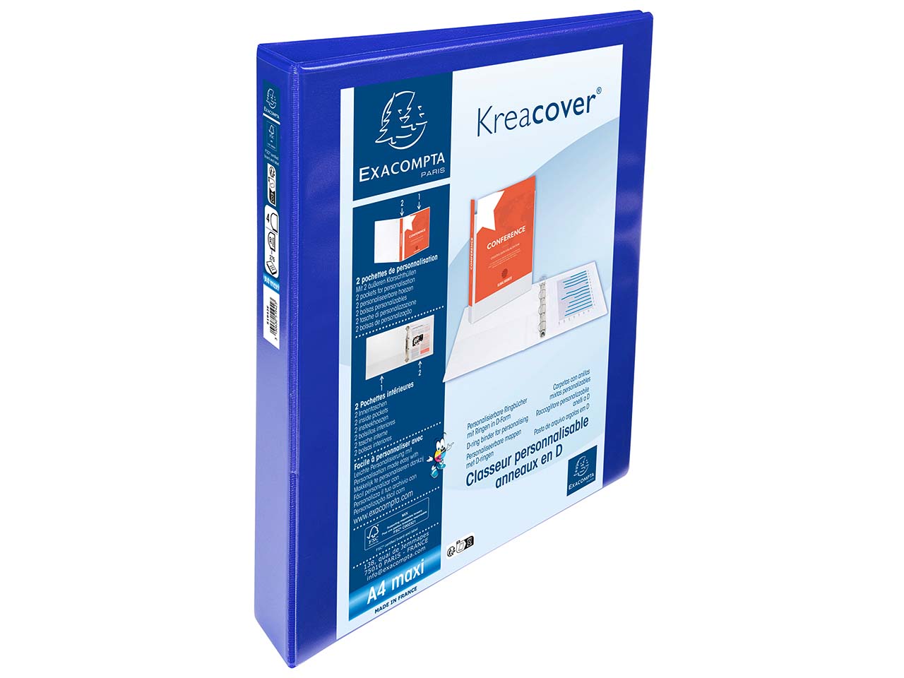 10 Exacompta Ringbücher "Kreacover", DIN A4 Maxi, 4 Ringe 30 mm, RB 47 mm, 2 Taschen, blau