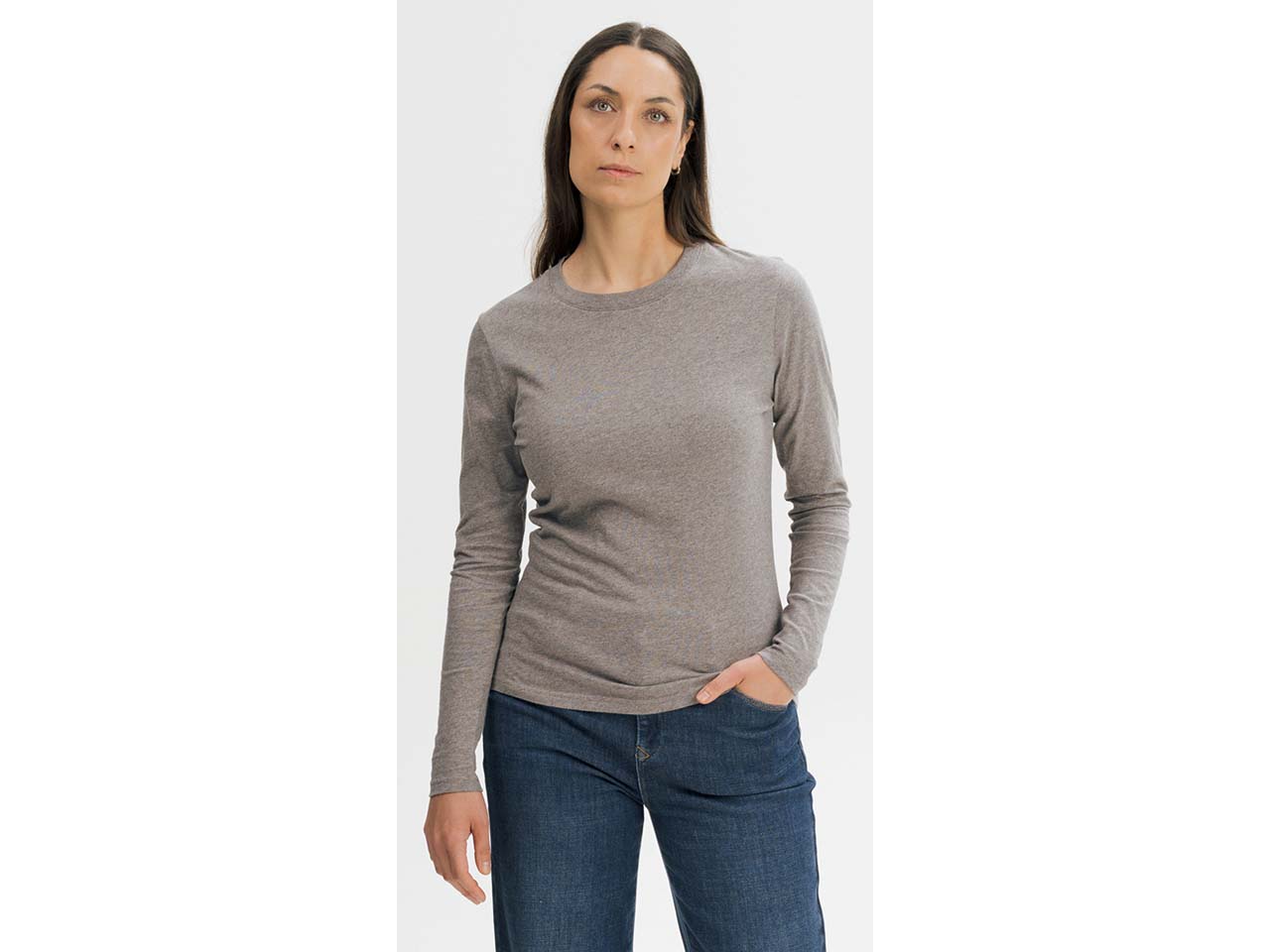 MELA Bio-Damen-Langarmshirt 'DHIVYA' mit Feinripp-Rundhalsausschnitt, bear melange, Gr. S