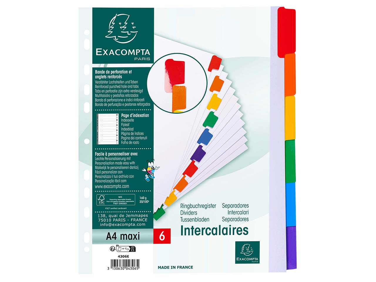 20 Exacompta Register, 6 Taben neutral, 160 g/m², DIN A4 Maxi, weiß