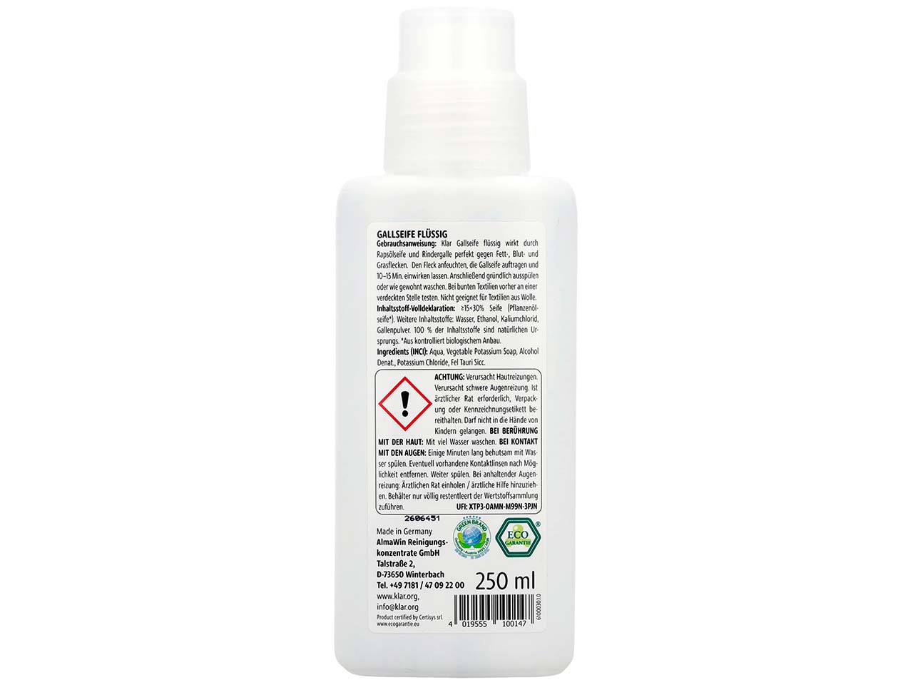Klar Flüssige Bio-Gallseife ohne Duft, 250 ml