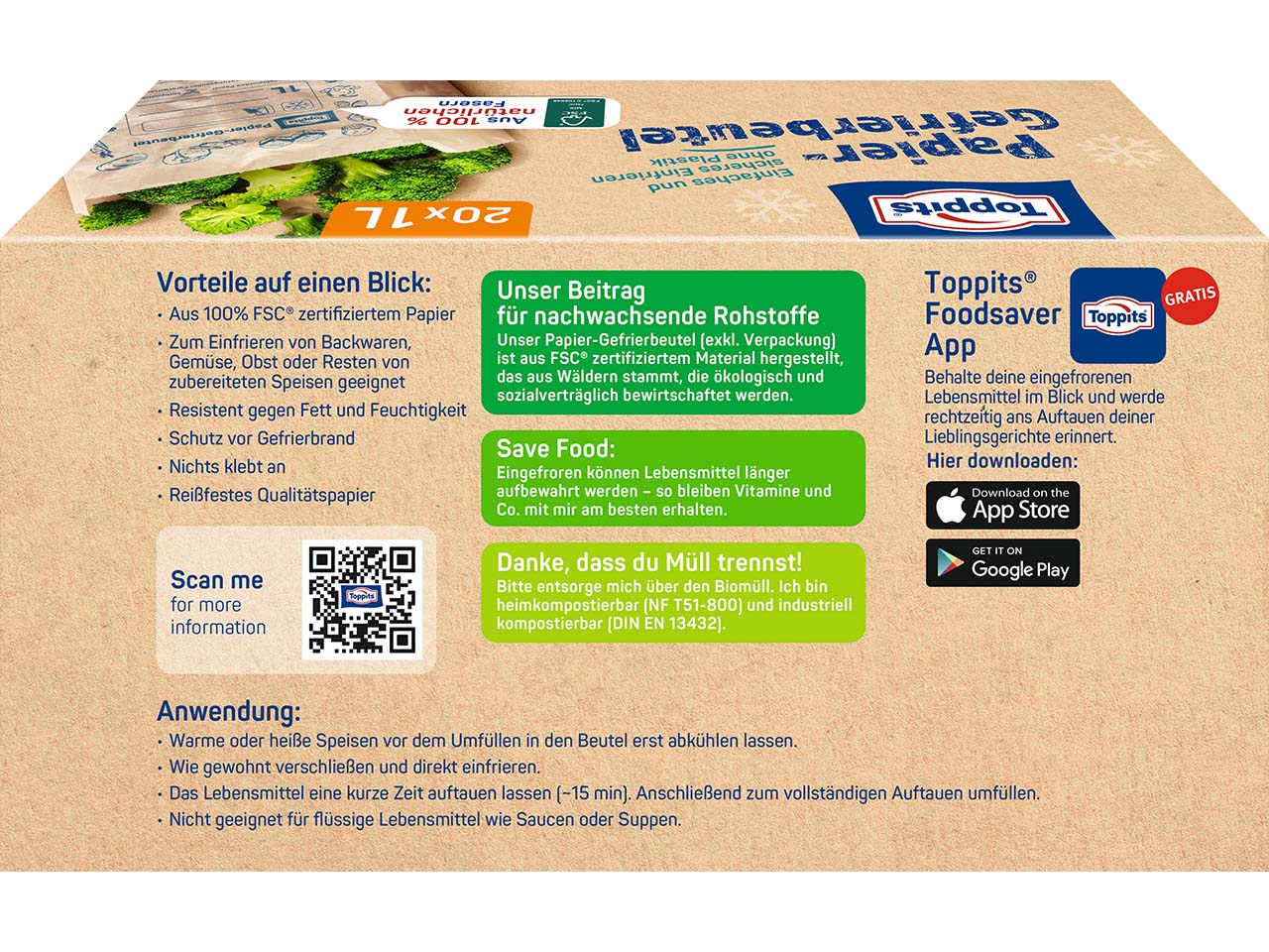 Toppits Gefrierbeutel aus FSC-zertifiziertem Papier, 1 l, 20 Stk.