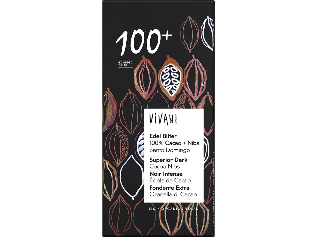 VIVANI Bio-Zartbitter-Schokolade "Edel Bitter" 100 % Kakao + Nibs, vegan, 80 g