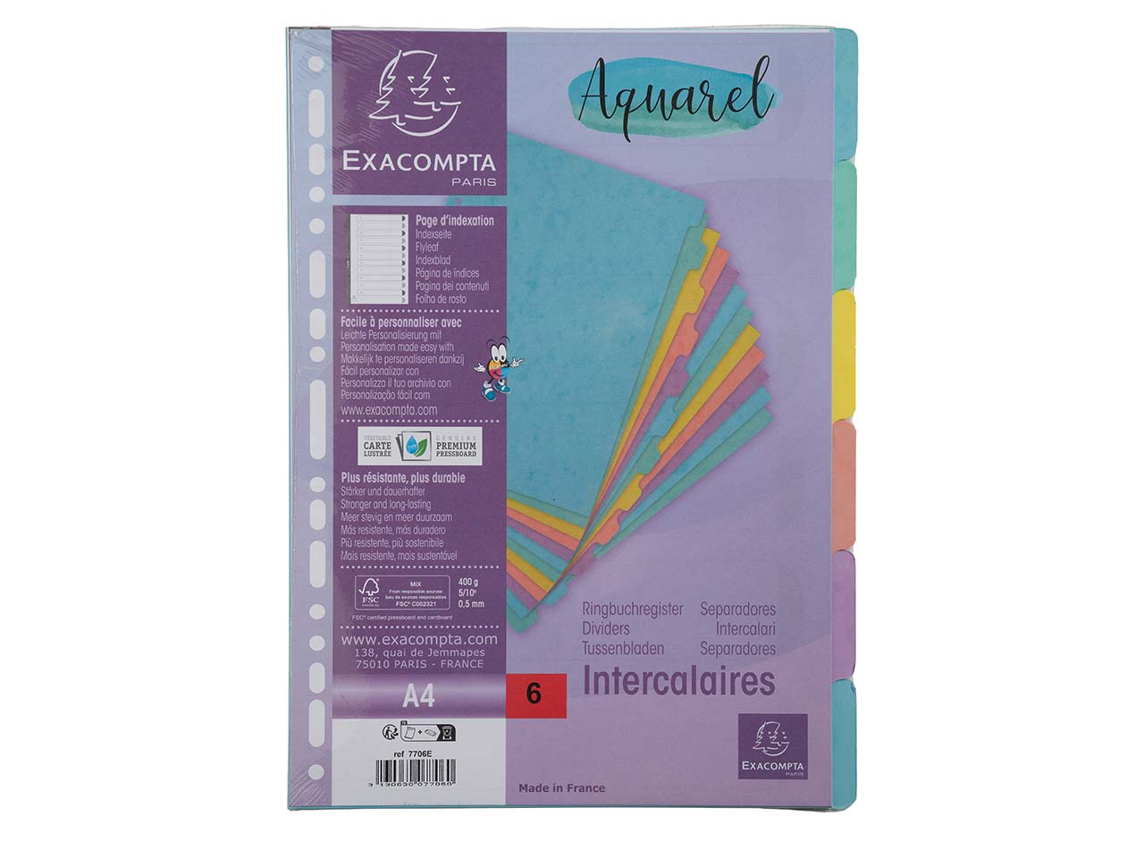 25 Exacompta Register "Aquarel", Colorspan, 6 Taben neutral, 400 g/m², DIN A4, sortiert