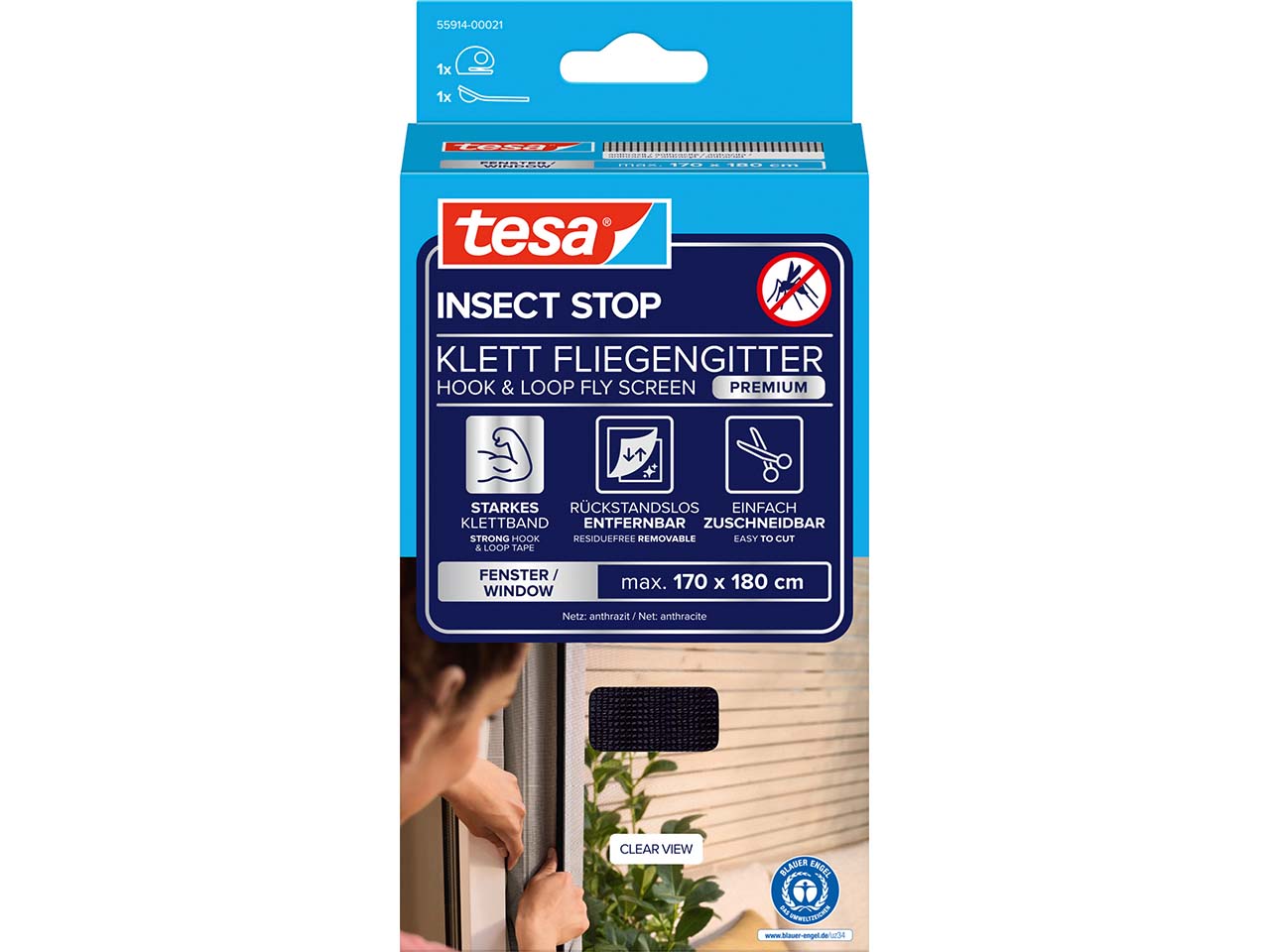 tesa Fliegengitter "Premium" für Fenster 170 x 180 cm, anthrazit