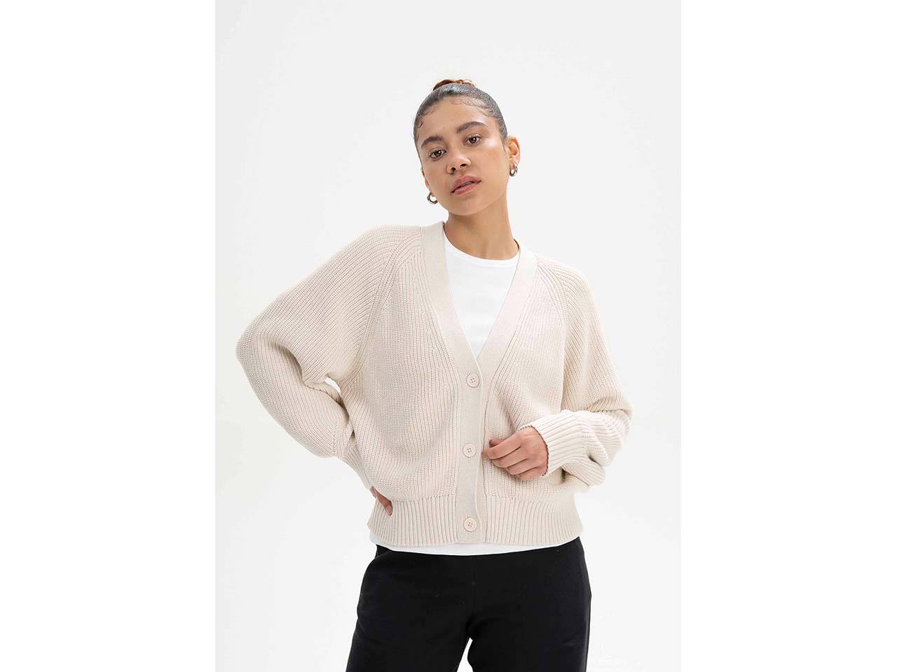 MELA Bio-Damen-Rippstrick-Cardigan 'BHUMA' mit Raglan-Ärmel, creme melange, Gr. M