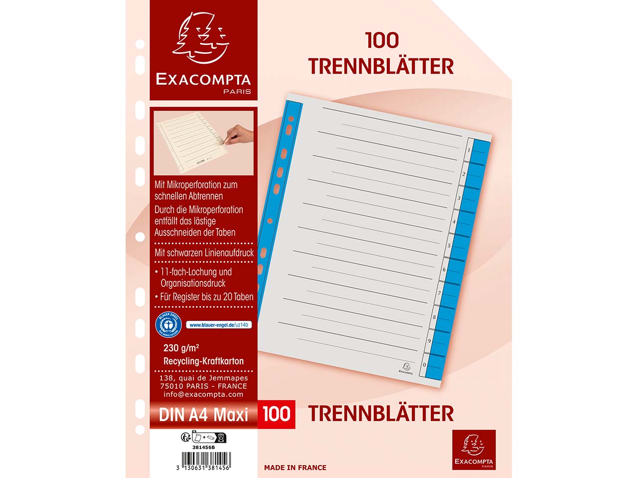 100 Exacompta Trennblätter, mikroperforiert, 230 g/m², DIN A4 Maxi, blau