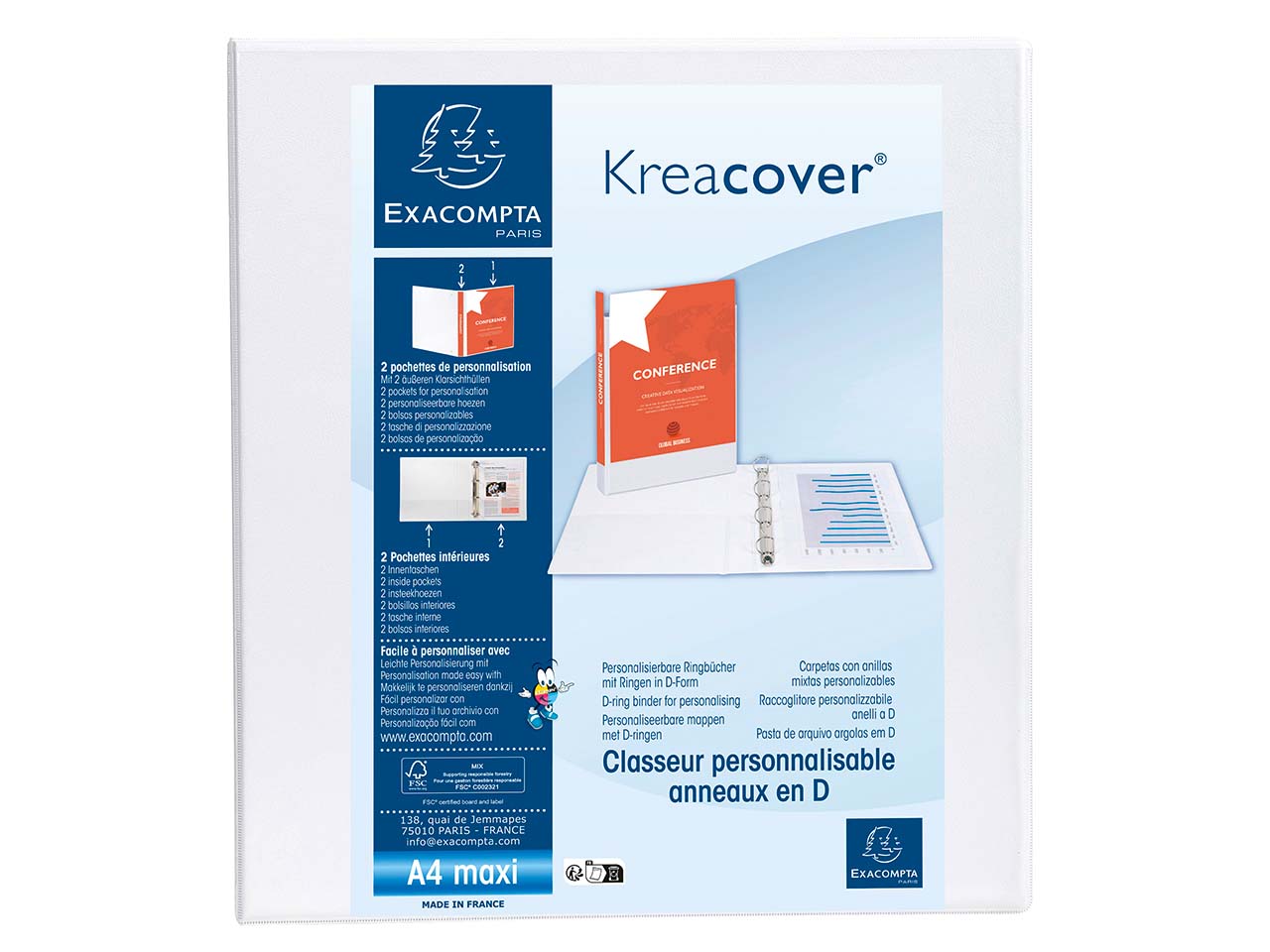 10 Exacompta Ringbücher "Kreacover", DIN A4 Maxi, 4 Ringe 50 mm, RB 75 mm, 2 Taschen, weiß