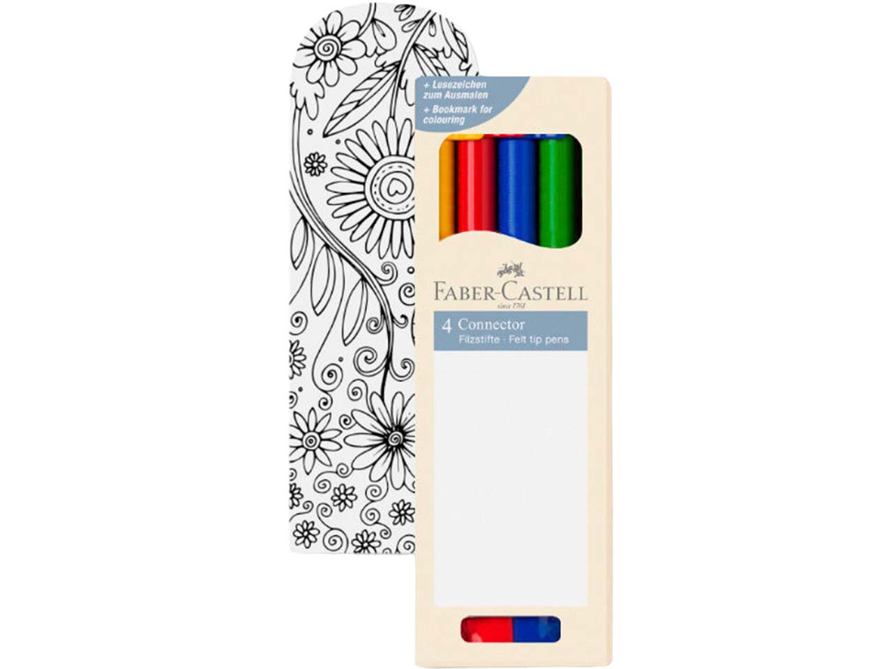 Faber-Castell 4er-Set Filzstifte "Connector" mit Lesezeichen zum Ausmalen