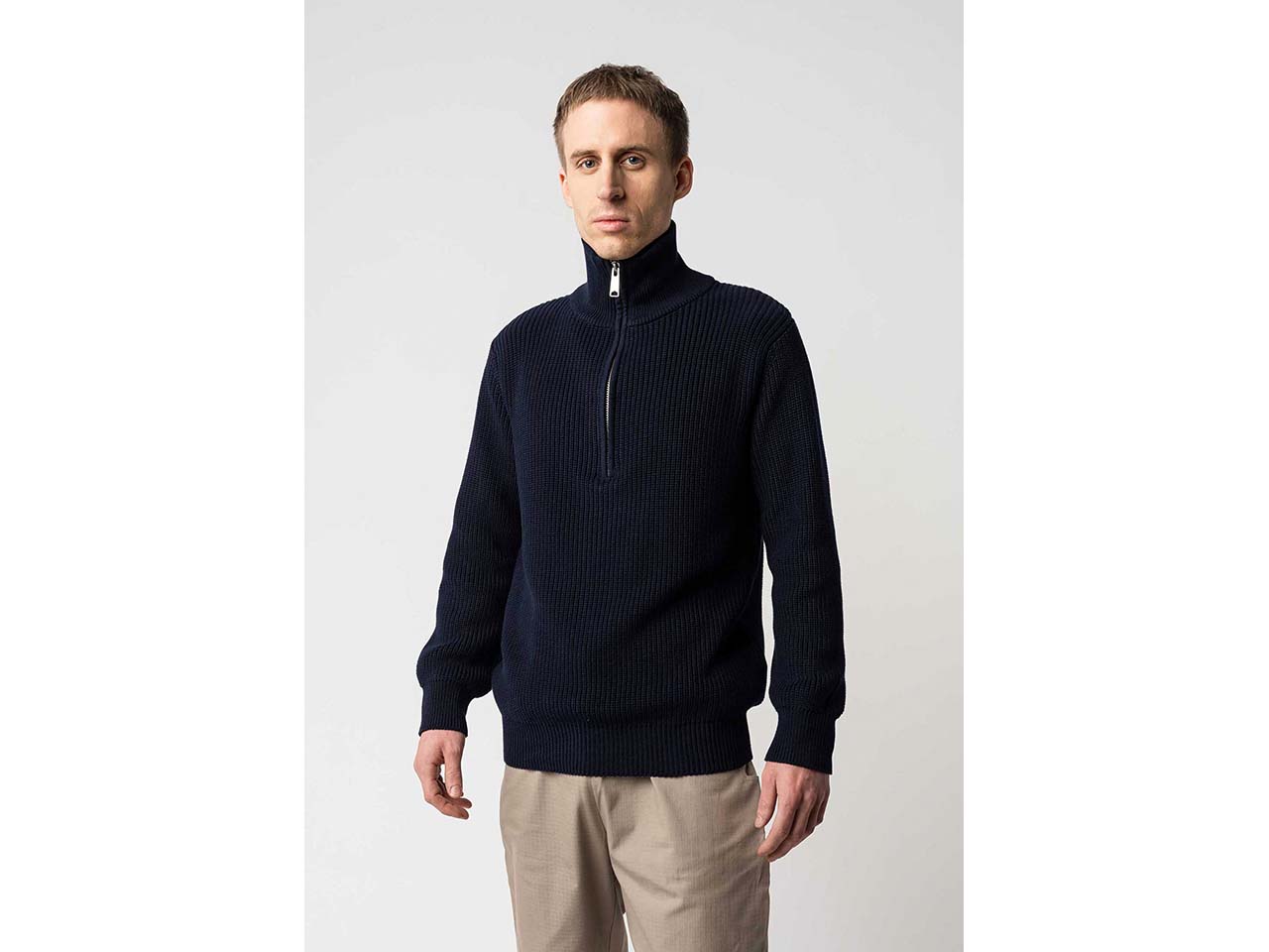 MELA Bio-Unisex-Rippstrick-Troyer 'UDAI' mit Reißverschluss-Stehkragen, navy, Gr. XL