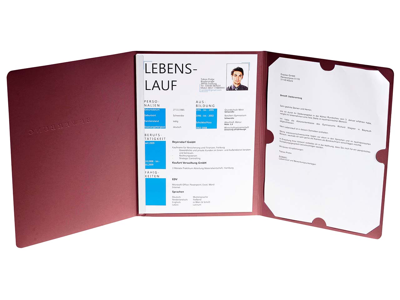 10 Exacompta Bewerbungsmappen "Elegance", 400 g/m², DIN A4, 3-tlg. 1 Klemmsch., bordeaux