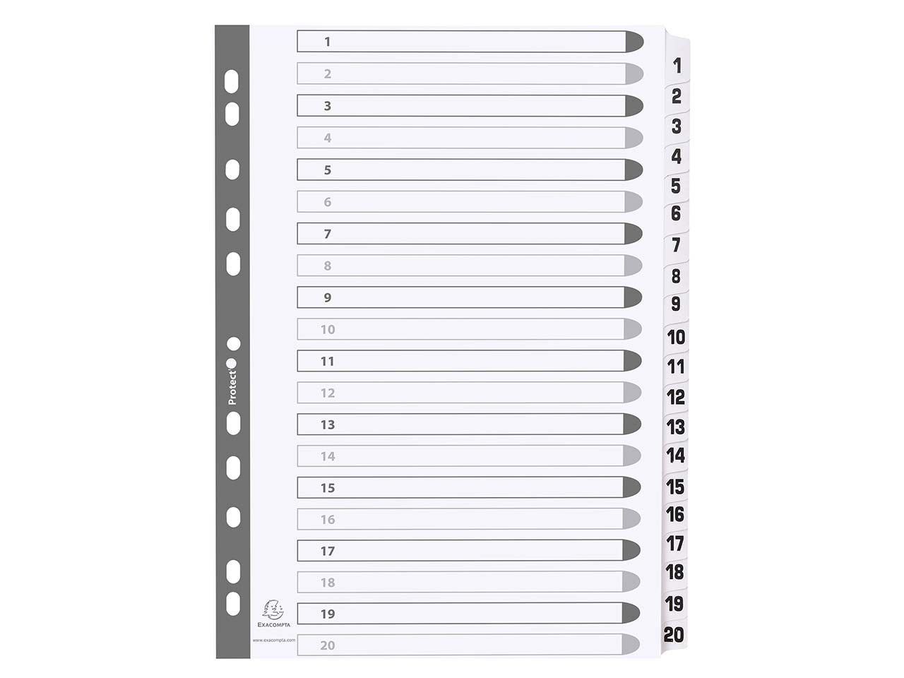 15 Exacompta Register, 20 bedruckte Taben numerisch, 160 g/m², DIN A4, weiß