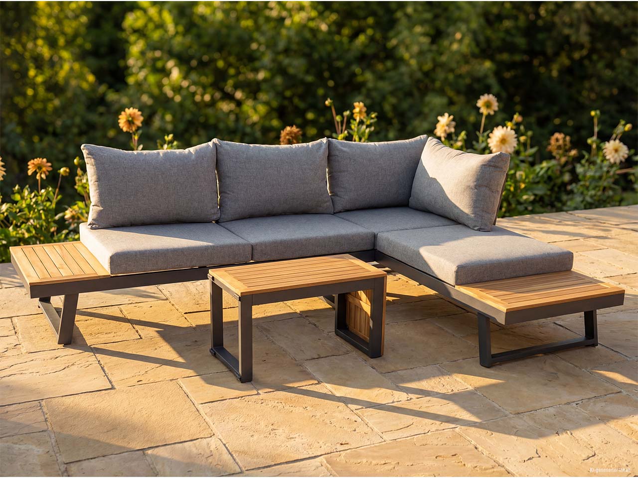 Gartenlounge-Set "FELICE" 3-tlg. 2 Sofas, 1 Tisch, Akazie, Alu schwarz, Textil grau