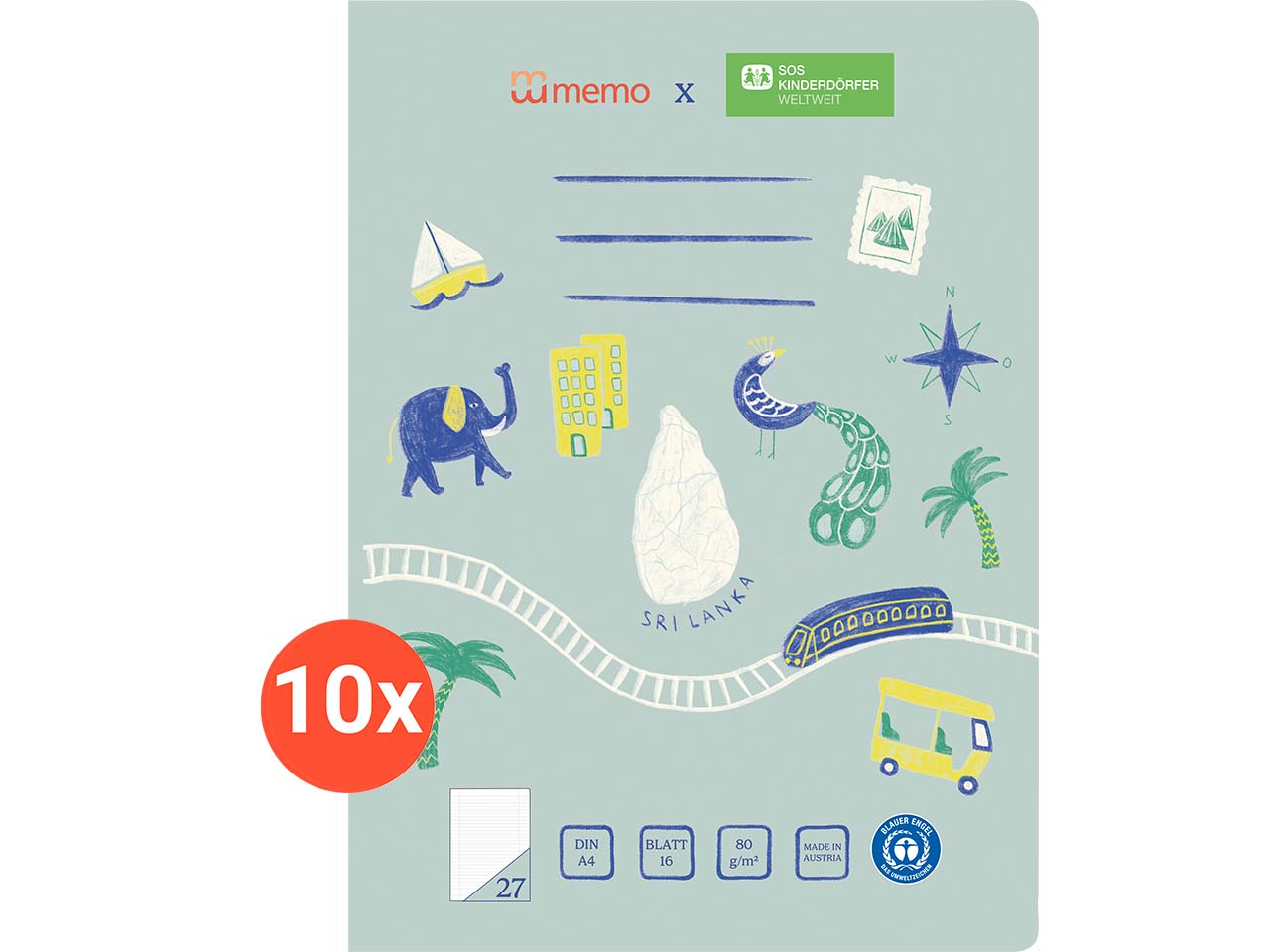 10er Pack memo x SOS-Kinderdörfer weltweit Schulheft DIN A4, 16 Blatt, Lin. 27