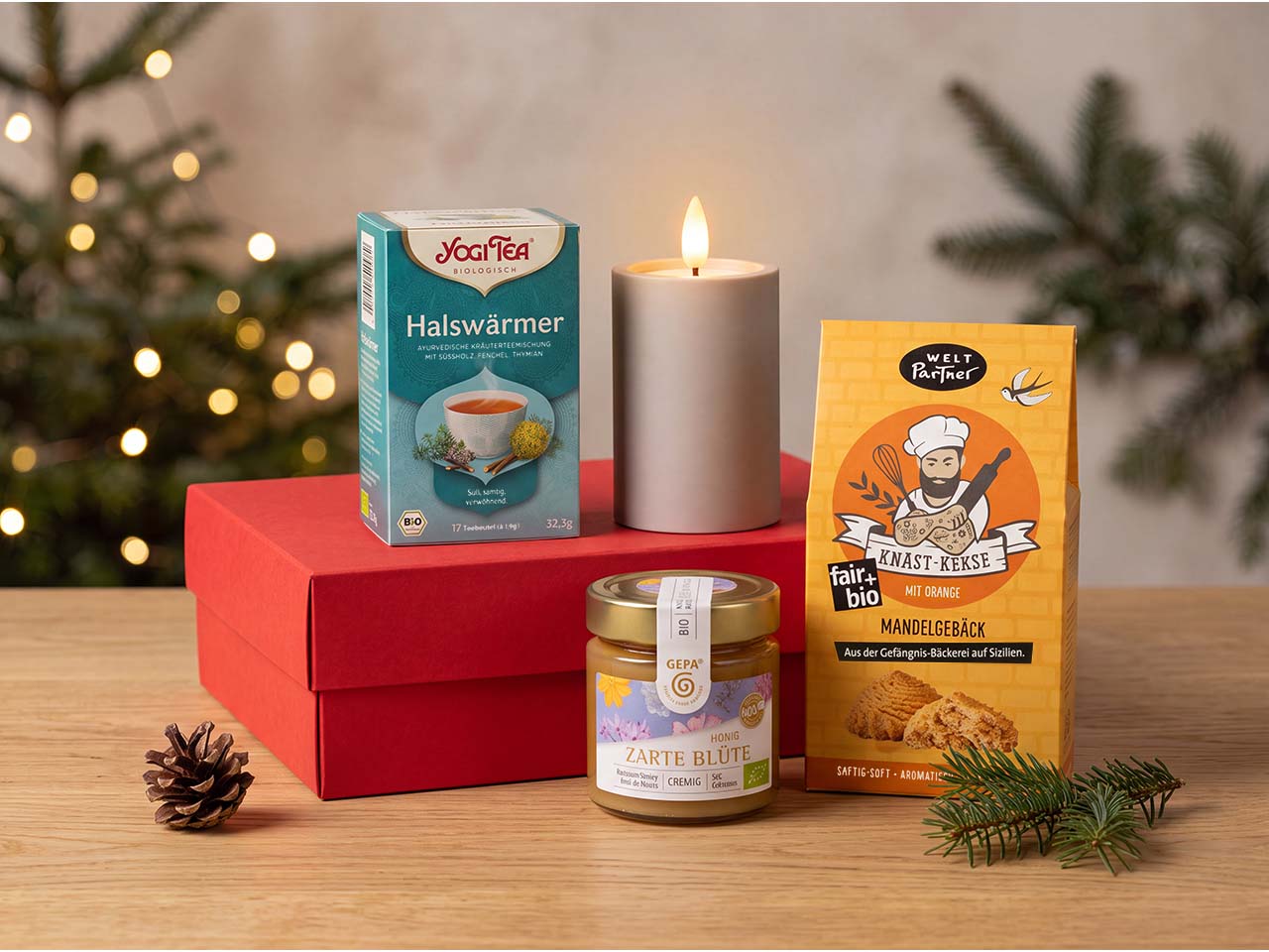 Bio-Geschenkset "Wohlfühl-Winter", 4-tlg., mit Tee, Honig, Mandelgebäck und LED-Dekolicht