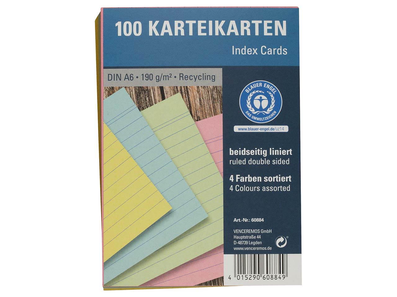 100 Karteikarten aus Recyclingkarton 190 g/m² DIN A6, farbig sortiert