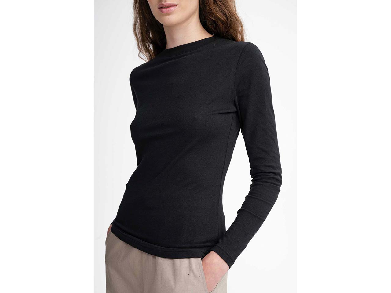 MELA Bio-Damen-Langarmshirt "DHIVYA" mit Feinripp-Rundhalsausschnitt, schwarz, Gr. L