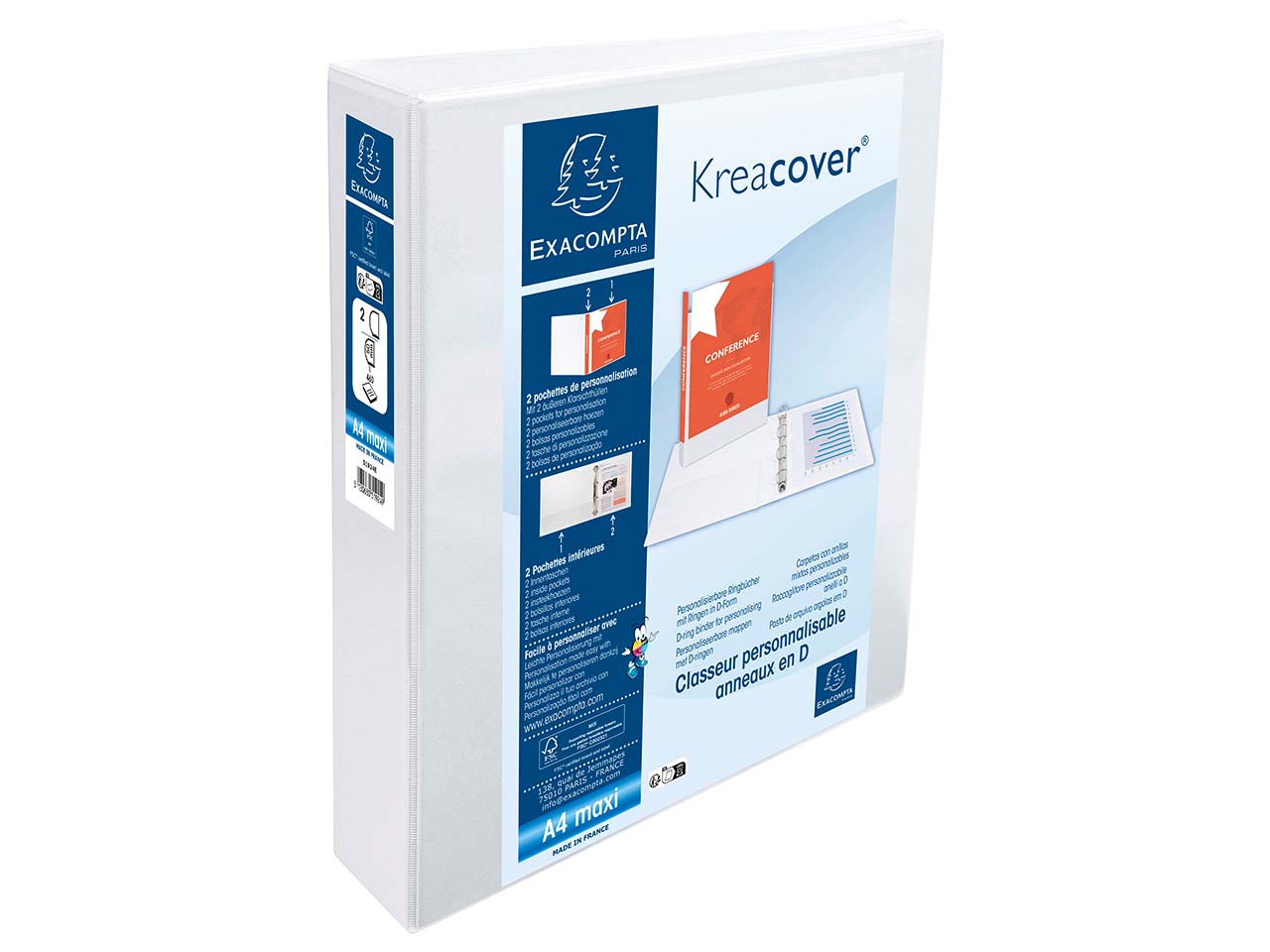 10 Exacompta Ringbücher "Kreacover", DIN A4 Maxi, 2 Ringe 50 mm, RB 75 mm, 2 Taschen, weiß