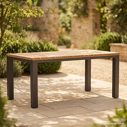 Großer Gartentisch aus Holz mit Metallbeinen