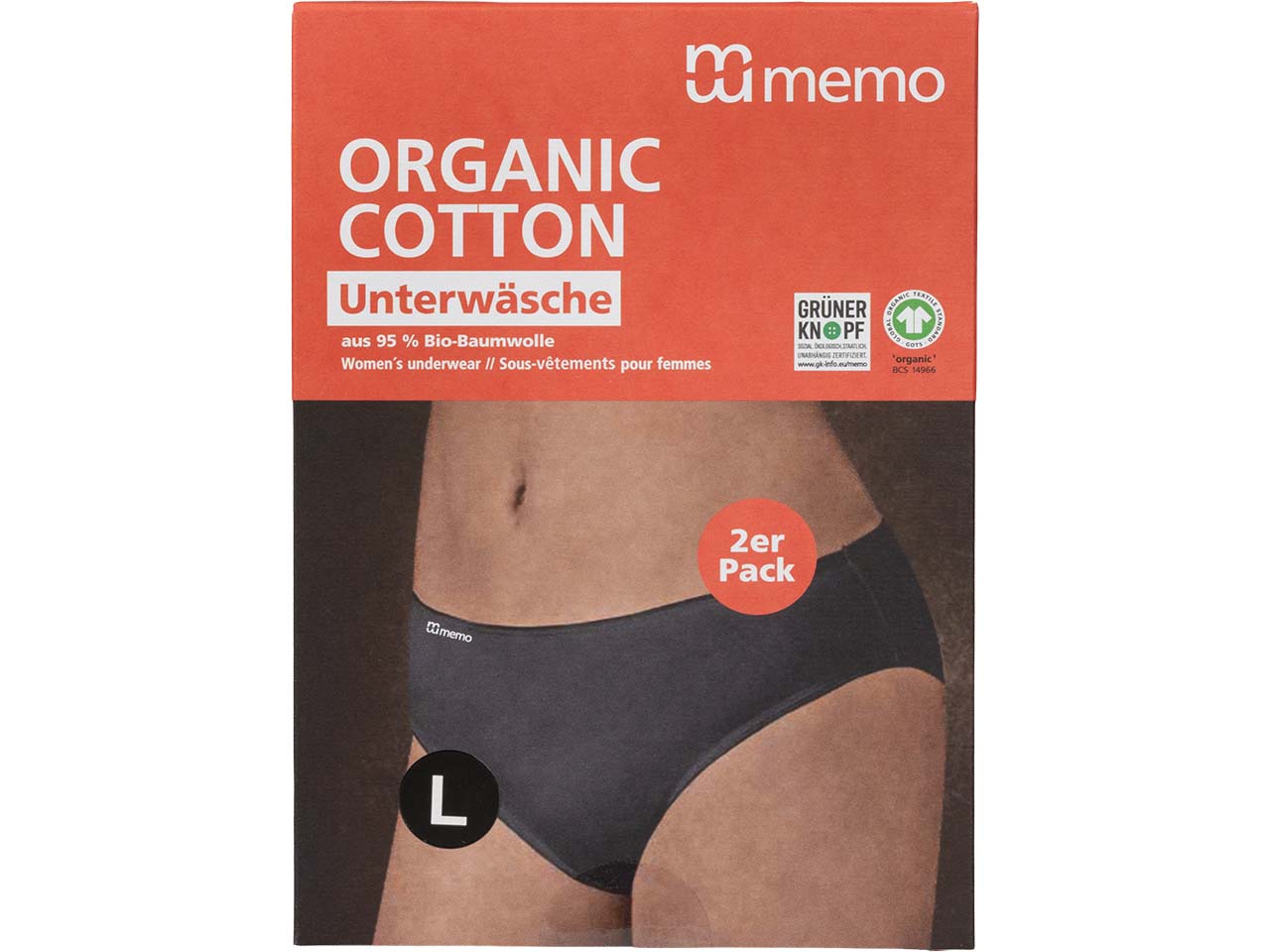 memo Damen-Slips aus Bio-Baumwolle, 2er Pack, schwarz, Gr. L