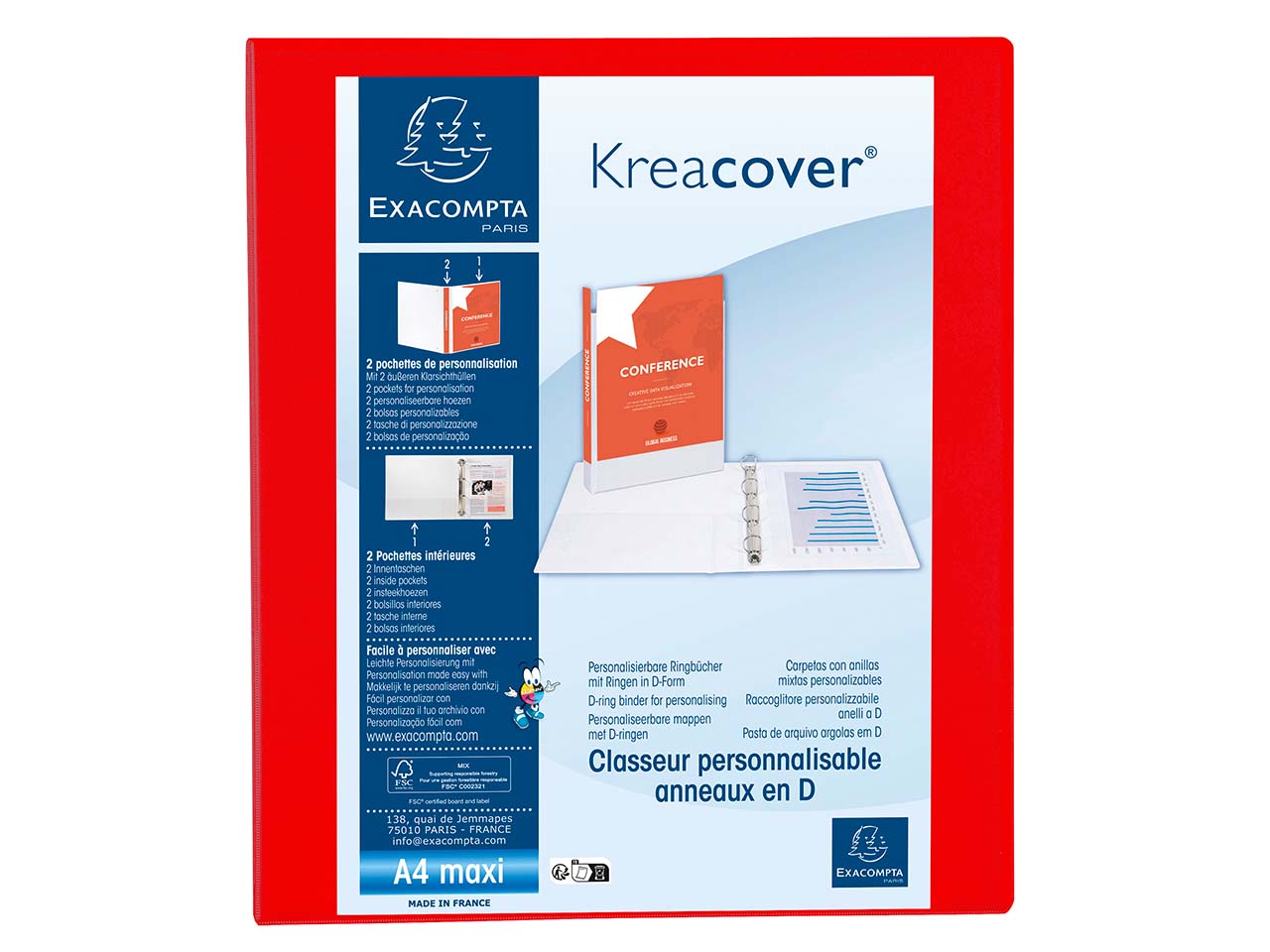10 Exacompta Ringbücher "Kreacover", DIN A4 Maxi, 4 Ringe 25 mm, RB 47 mm, rot