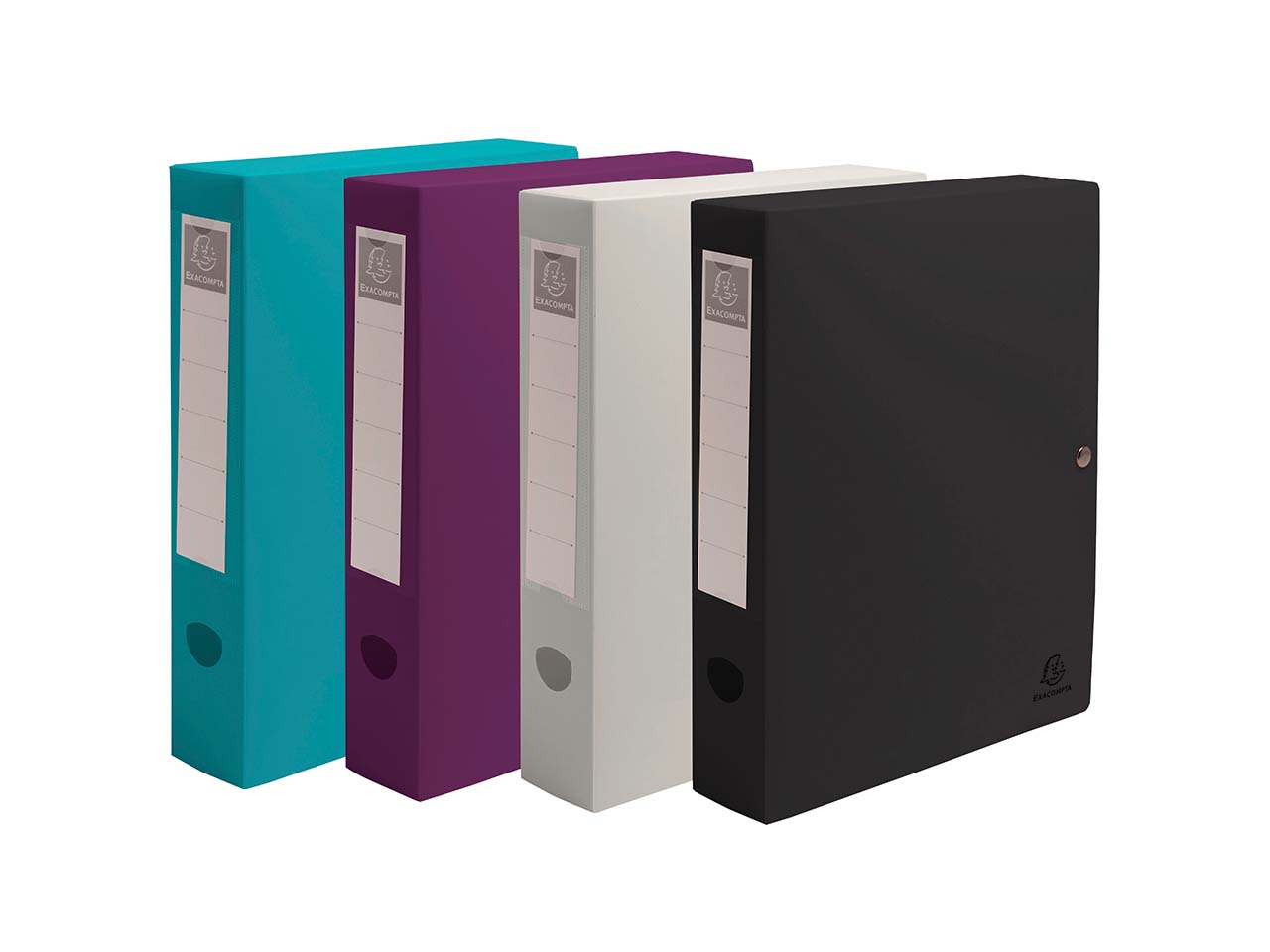8 Exacompta Archivboxen "Titan", DIN A4, mit Druckknopf, RB 60 mm, sortiert
