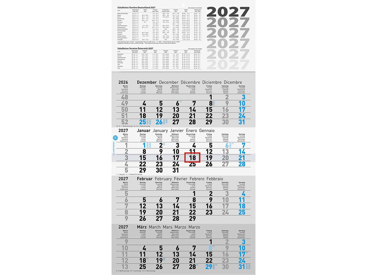 Glocken Viermonatskalender 2027 aus Recyclingpapier UWS, 30 x 55,5 cm
