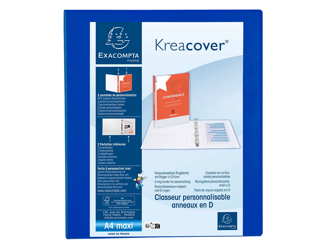 10 Exacompta Ringbücher "Kreacover", DIN A4 Maxi, 4 Ringe 30 mm, RB 47 mm, blau