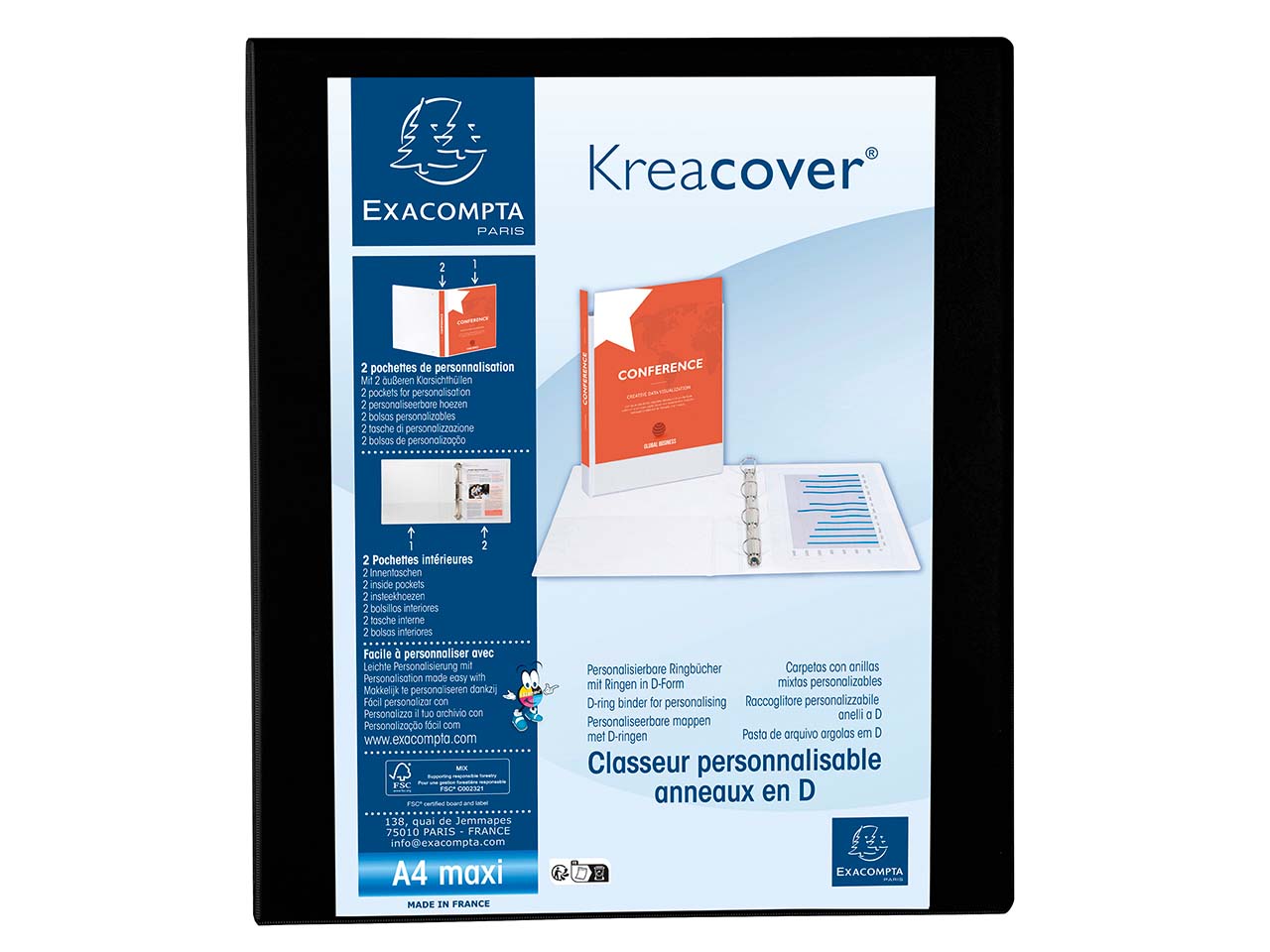 10 Exacompta Ringbücher "Kreacover", DIN A4 Maxi, 4 Ringe 30 mm, RB 47 mm, schwarz