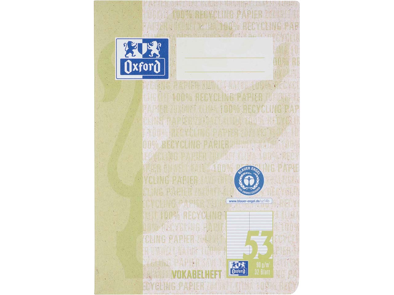OXFORD Recycling-Vokabelheft DIN A5, Lineatur 53 (2 Spalten), 32 Blatt, geheftet, 90 g/m²