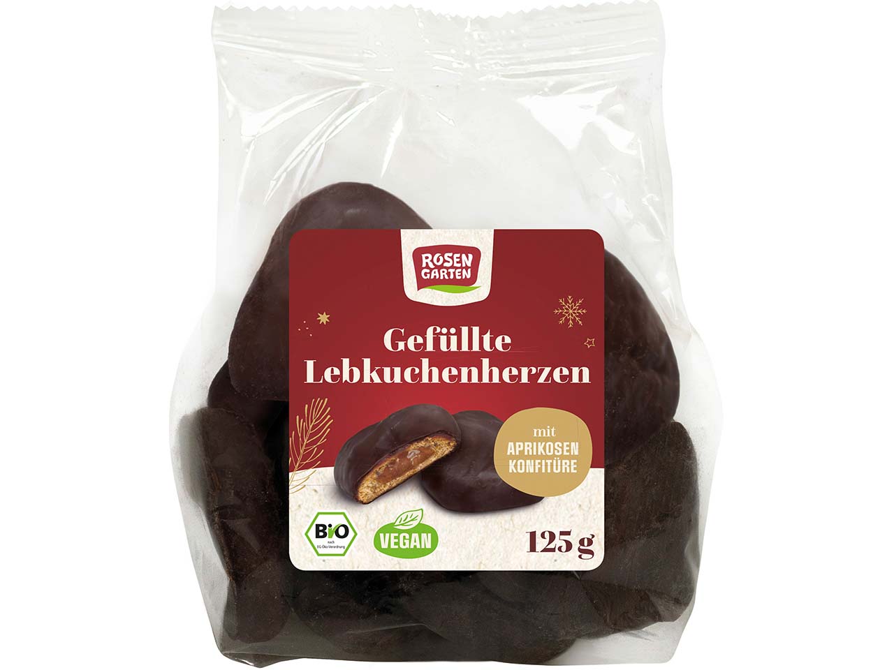 ROSENGARTEN Bio-Lebkuchenherzen mit Aprikosenkonfitüre gefüllt, vegan, 125 g
