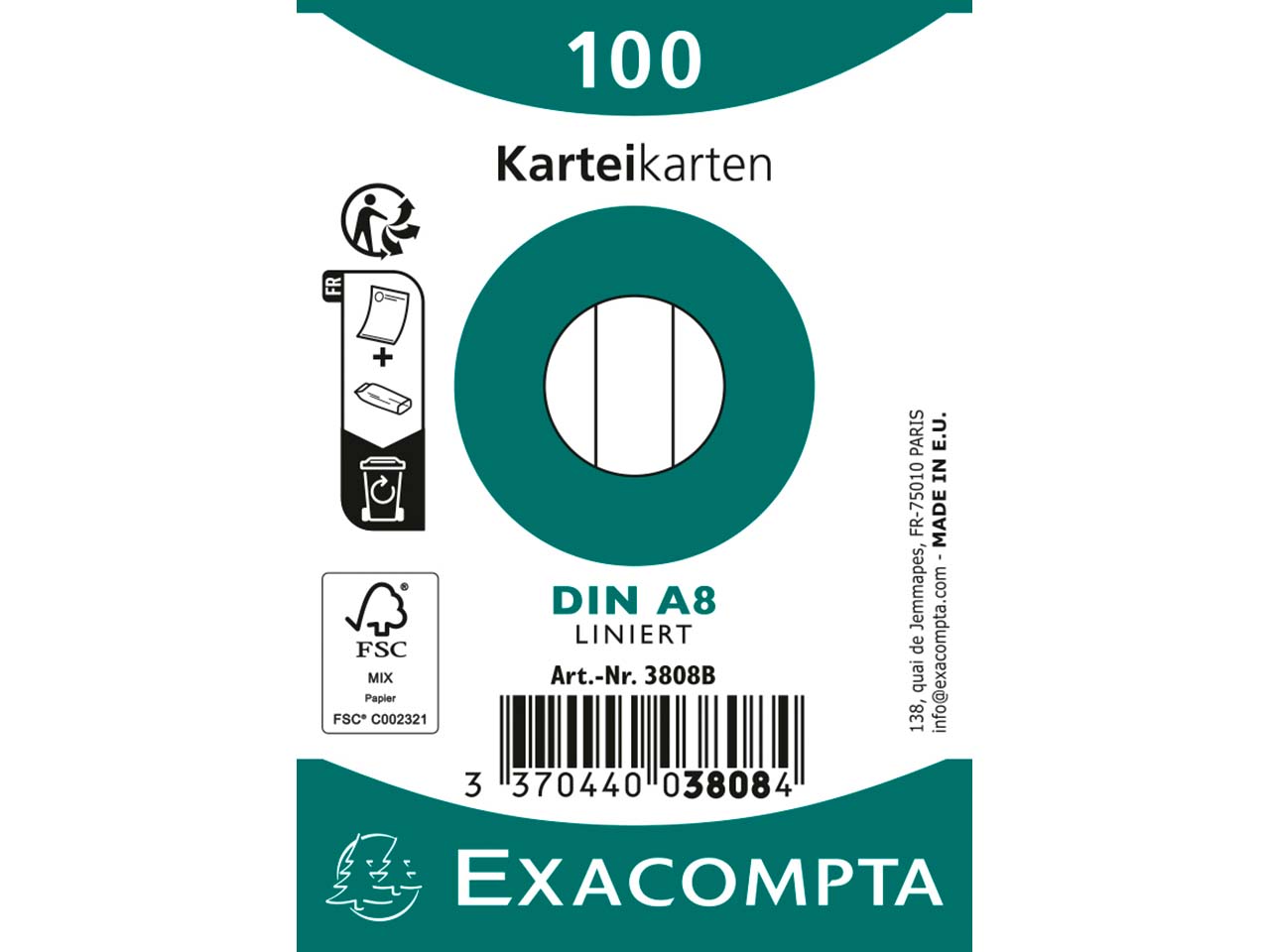 48 x 100 Exacompta Karteikarten, 205 g/m², 55x74 mm, DIN A8, weiß, liniert
