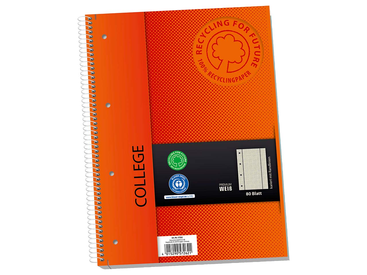 Collegeblock aus Recyclingpapier mit Randlinien, 80 Blatt, kariert