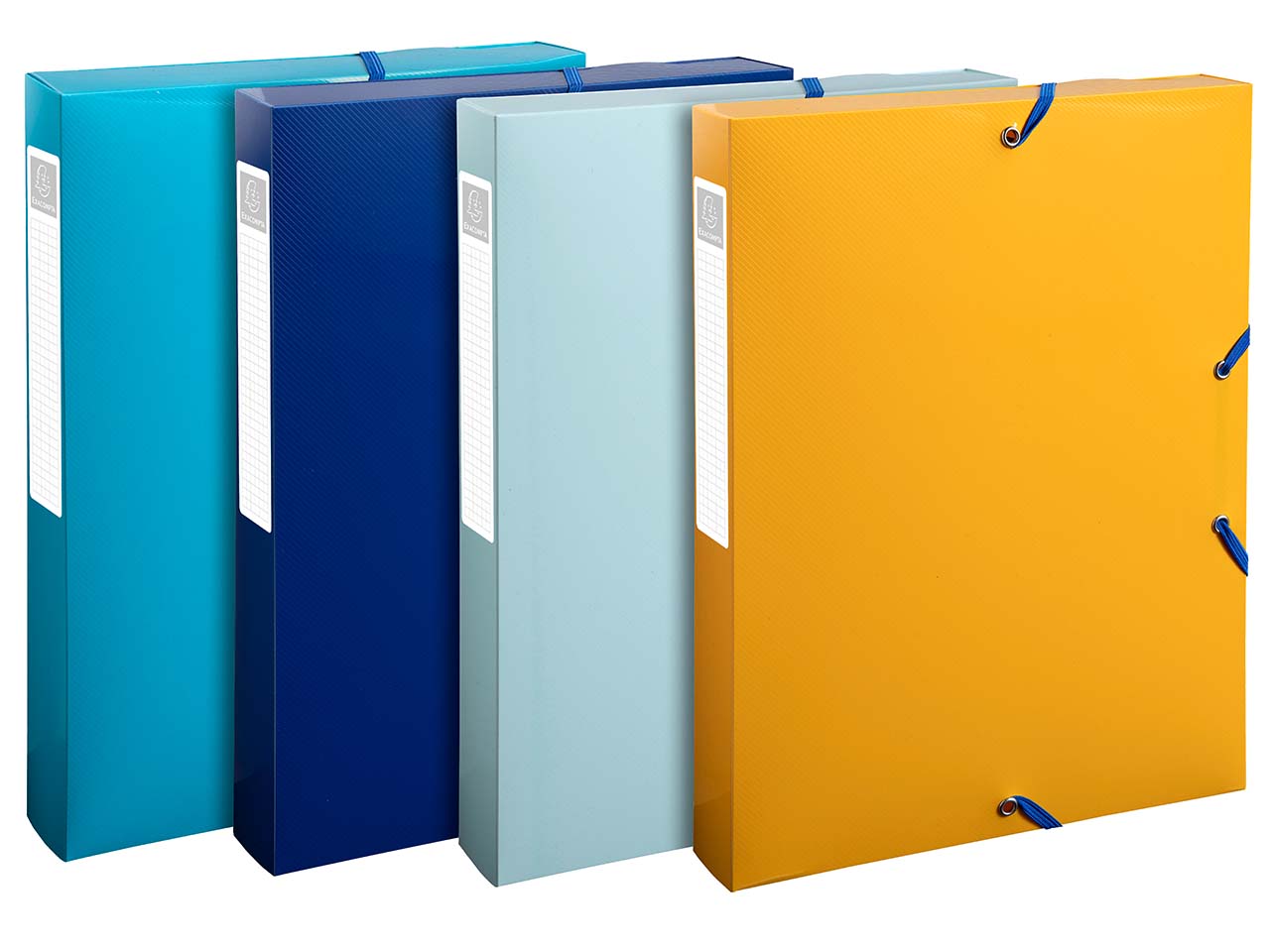 8 Exacompta Archivboxen "BeeBlue", DIN A4, Gummizug, 3 Klappen, RB 40 mm, sortiert