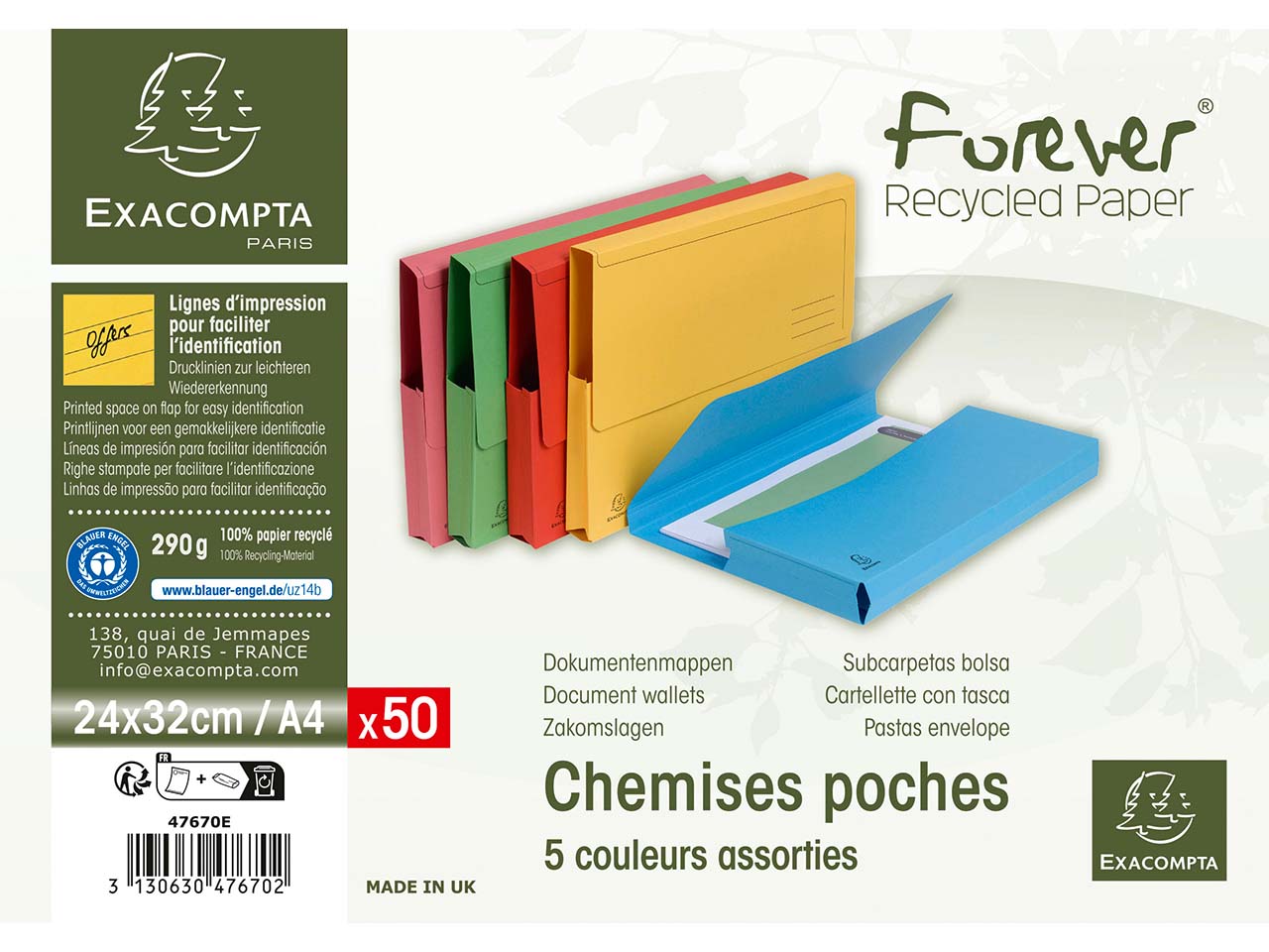 100 Exacompta Aktenmappen "Forever" mit Verschlusskappe, 290 g/m², DIN A4, sortiert