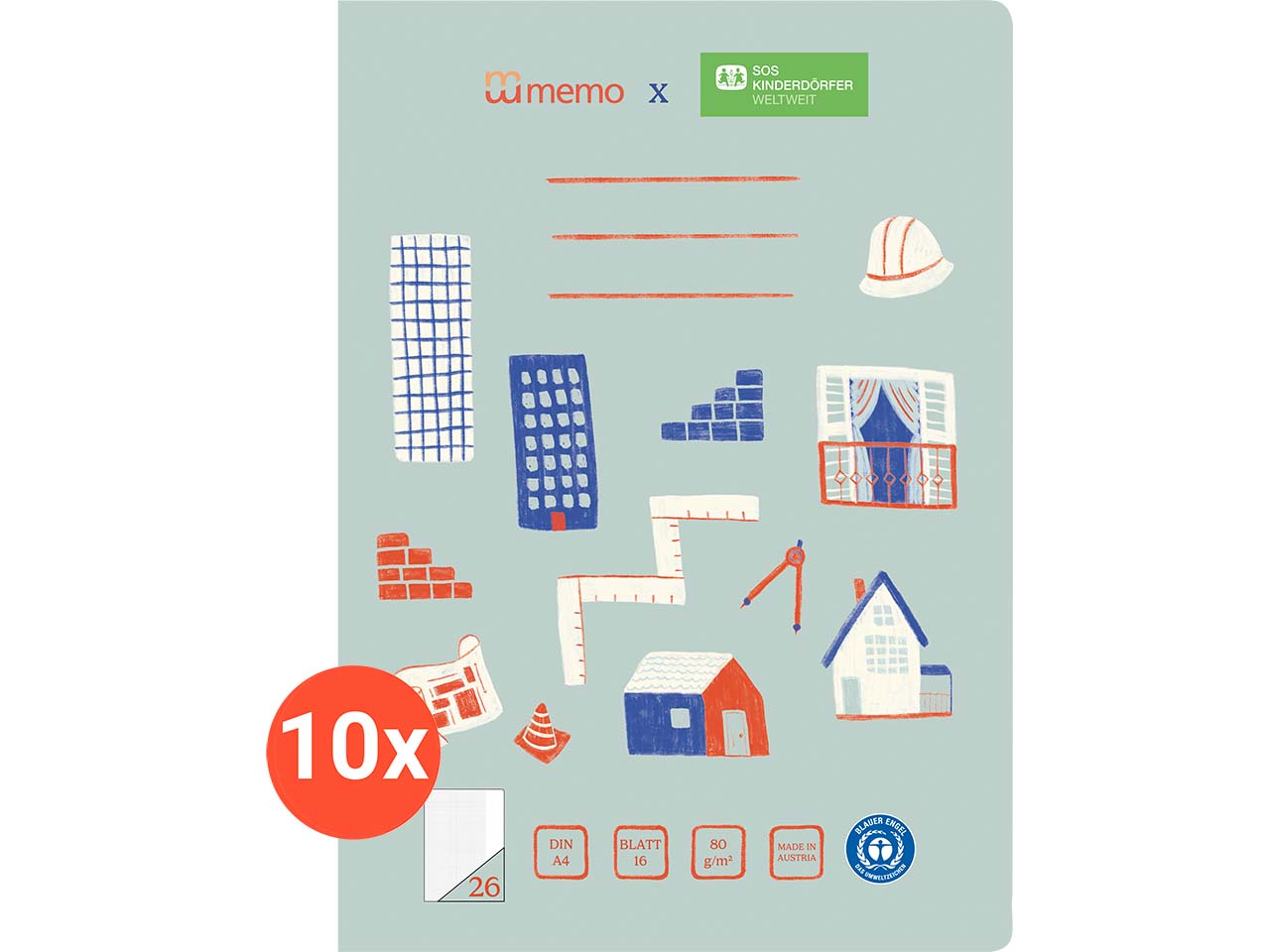 10 er Pack memo x SOS-Kinderdörfer weltweit Schulheft DIN A4, 16 Blatt, Lin. 26