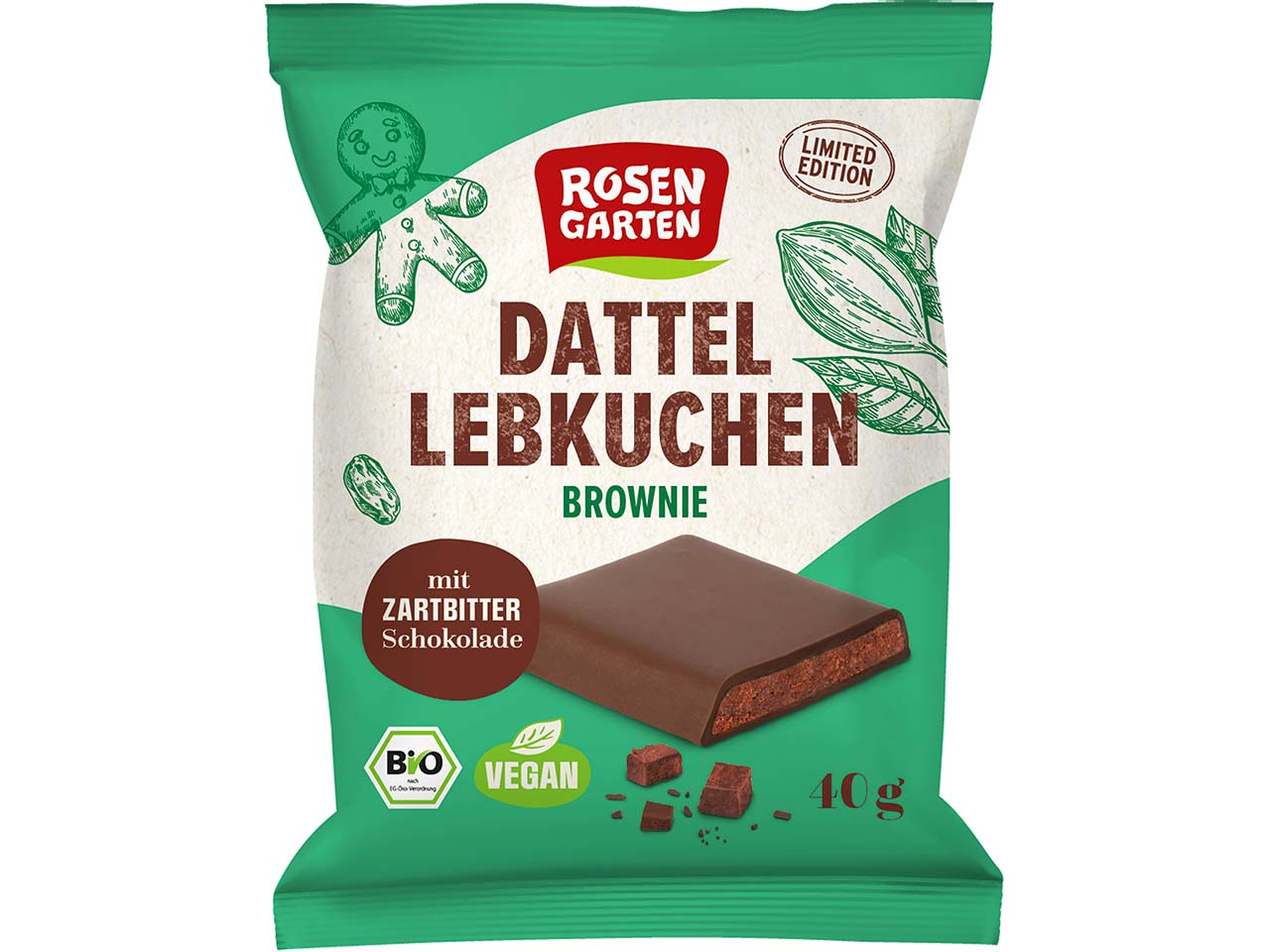 ROSENGARTEN Bio-Dattel-Lebkuchen-Brownie mit Zartbitter Schokolade, 40 g Limited Edition