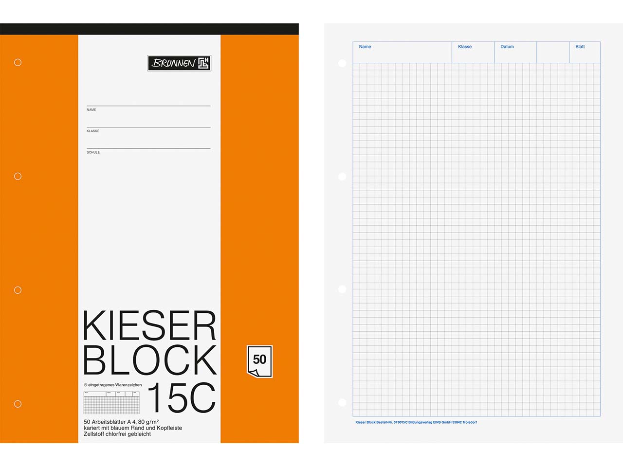 BRUNNEN Kieserblock DIN A4, kariert, 80 g/m², 50 Blatt