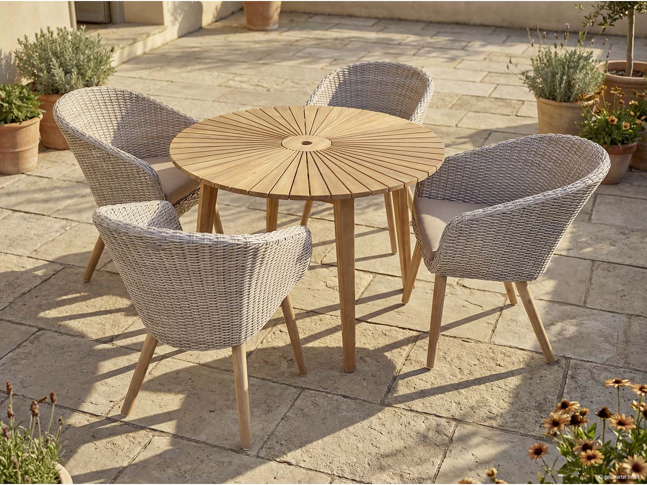 Gartenmöbel-Set "FREMONT/VISALIA 01" 5-tlg. 1 Tisch Akazie, 4 Sessel KSgefl. hellgrau