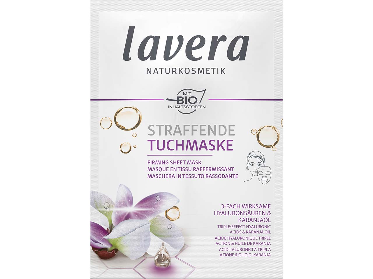 lavera Tuchmaske "Straffend" mit 3-fach wirksamer Hyaluronsäure und Karanjaöl, 21 ml