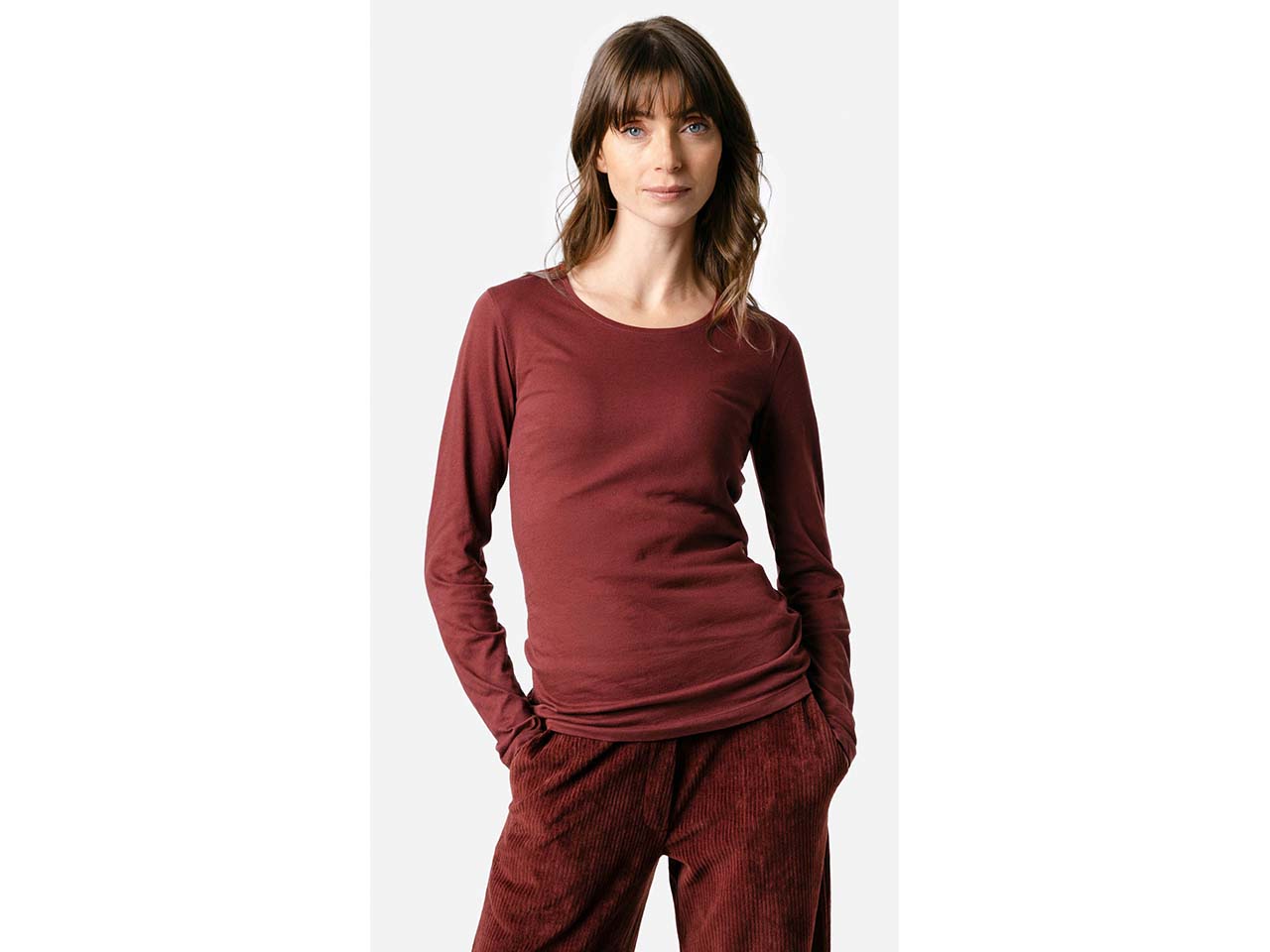 Living Crafts Bio-Damen-Langarmshirt 'SUSANNA' mit Rundhalsausschnitt, maroon, Gr. M
